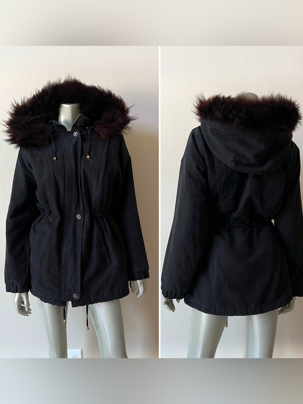 Vintage St. John Raccoon Fur Trim Hood Parka Coat Small Cinch Waist Jacket Y2K